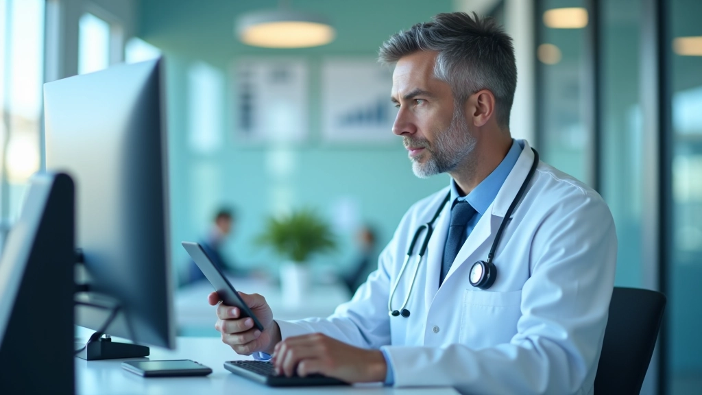 Gydytojas žiūri į kompiuterio ekraną su medicininiais duomenimis, nuotraukos iš pečių