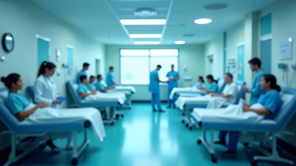 Ligonės priėmimo skyrius su keliais pacientais ir medicinos personalas skubiai veikiantys