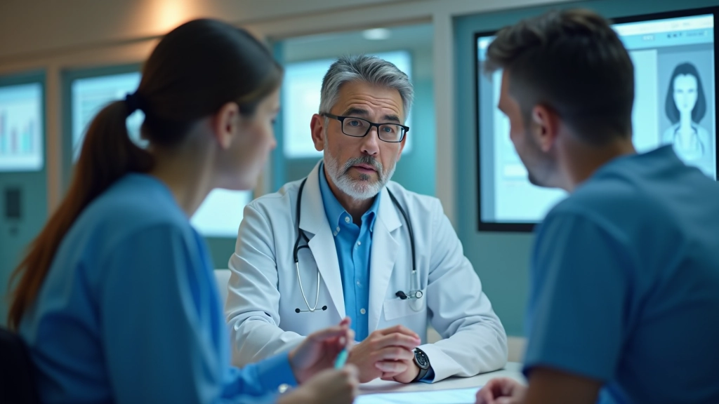 Gydytojas ir slaugė diskutuoja prie kompiuterio, rodydami pacientui dirbtinio intelekto sistemos suteiktą diagnostikos rekomendaciją
