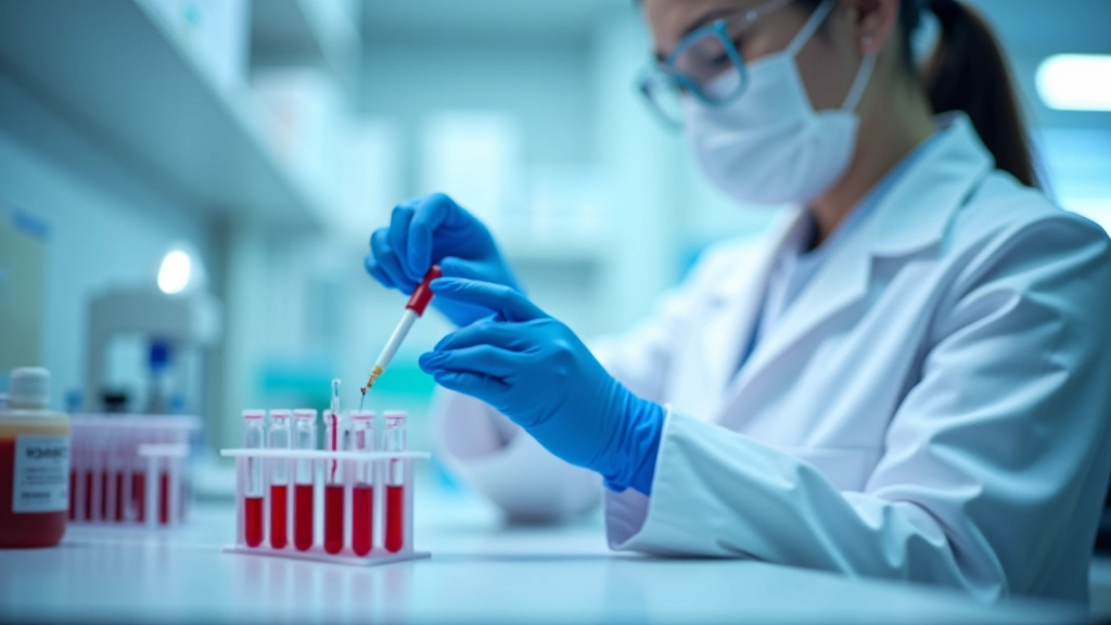 Laboranto technikas su saugomomis pirštinėmis atlieka kraujo analizę - mėginiai laboratorijoje