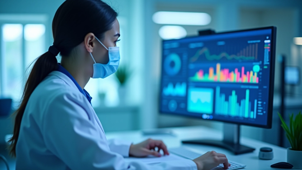 Kompiuterio ekrane rodomos laboratorinio tyrimų rezultatai ir DI analitika - diagramos ir rodikliai