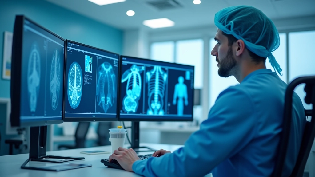 Ekranas rodo dirbtinio intelekto sistemą, analizuojančią medicininį vaizdą su nurodytais ligų požymiais