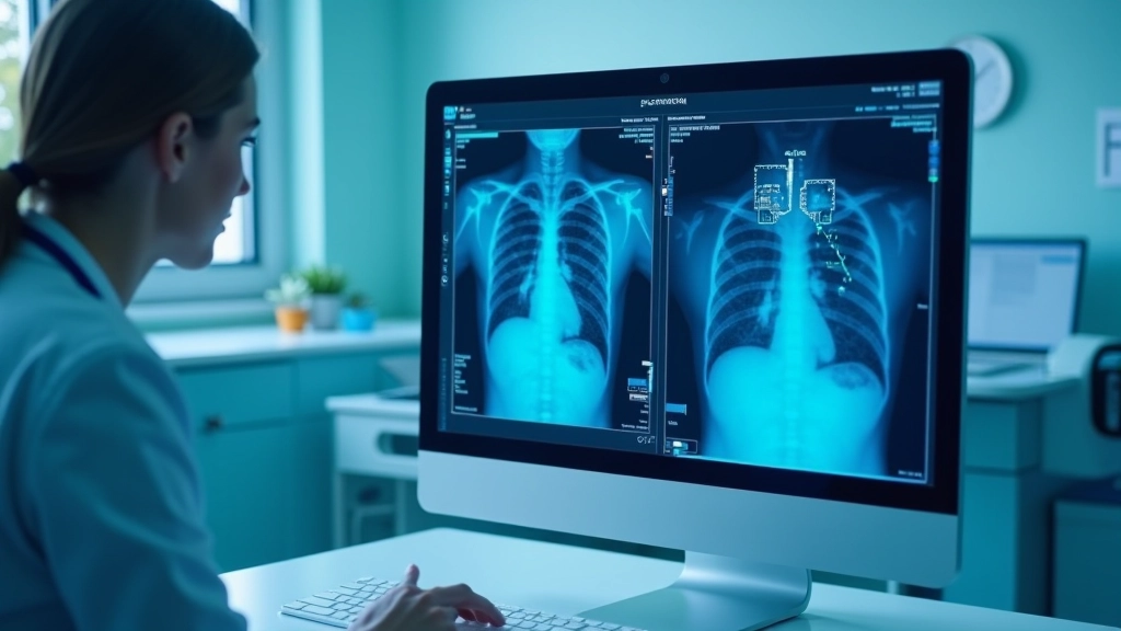 Kompiuterio ekranas rodo medicininę nuotrauką su DI analizės anotacijomis, laboratorinis nustatymas